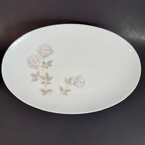 Noritake Edenrose 16" Oval Serving Platter Gray/Pink/White Roses VTG